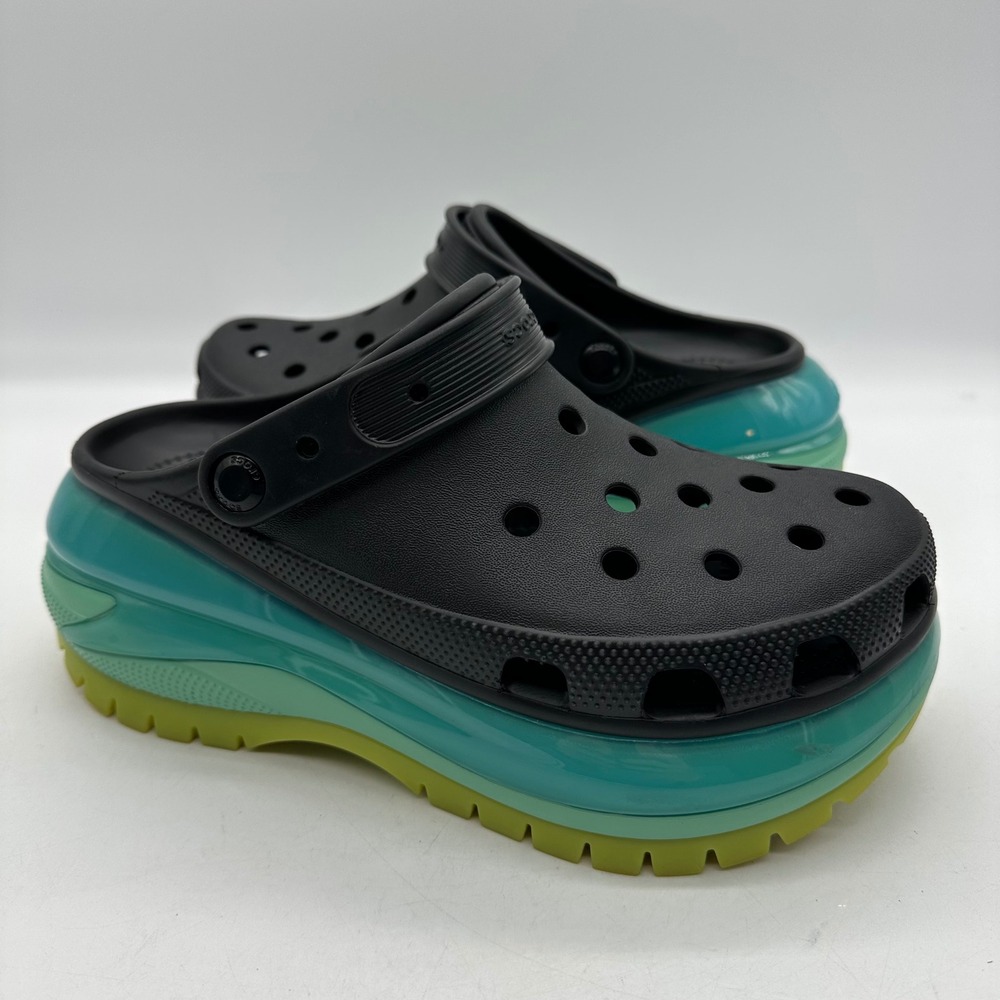 Crocs 207988-0C4 Womens 9 Men 7 Black Teal Lime Mega Crush Platform Clog Sandals